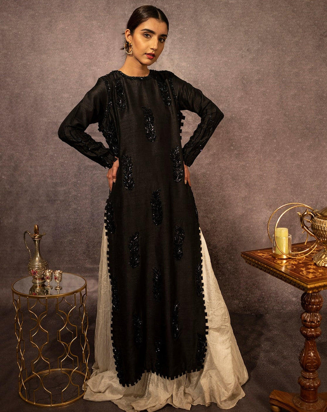 Black long Raw Silk Embroidered Formal Dress of SumairaAurangzeb